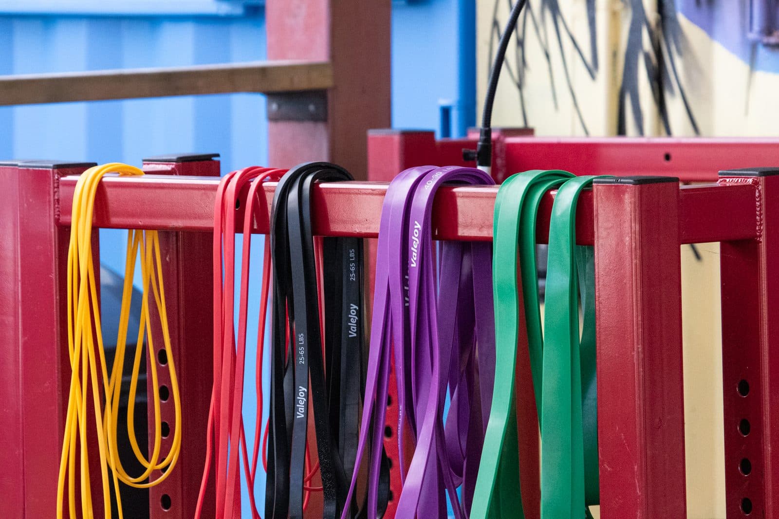 Resistance bands racked at the gym